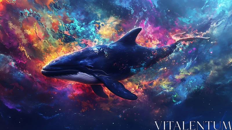 Whale swims through dense multicolored cosmic nebula field