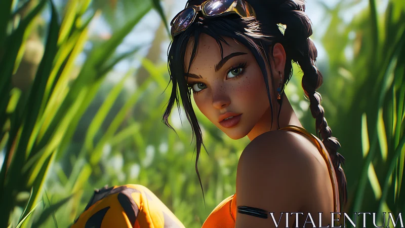 Freckled girl in orange top sits in bright green field.