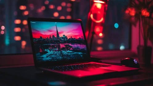 Laptop on desk with cityscape screen in neon red light.