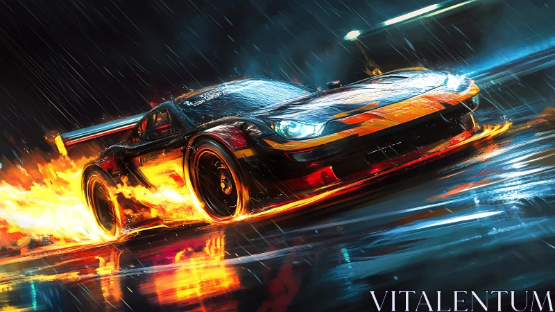 Racing car drifts through rain with stylized trailing flames