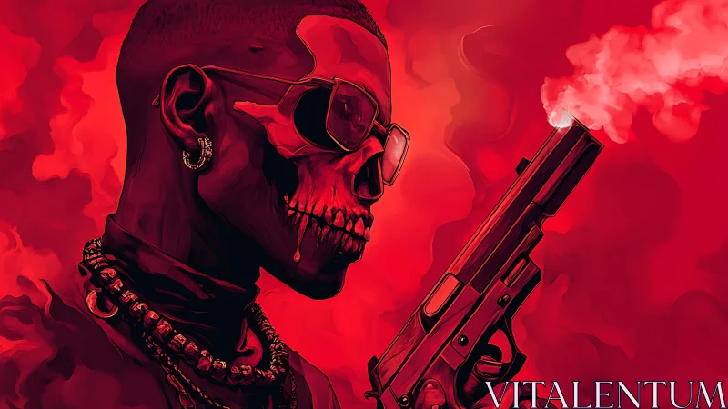 Red skull-faced shooter stands in smoke with blazing pistol
