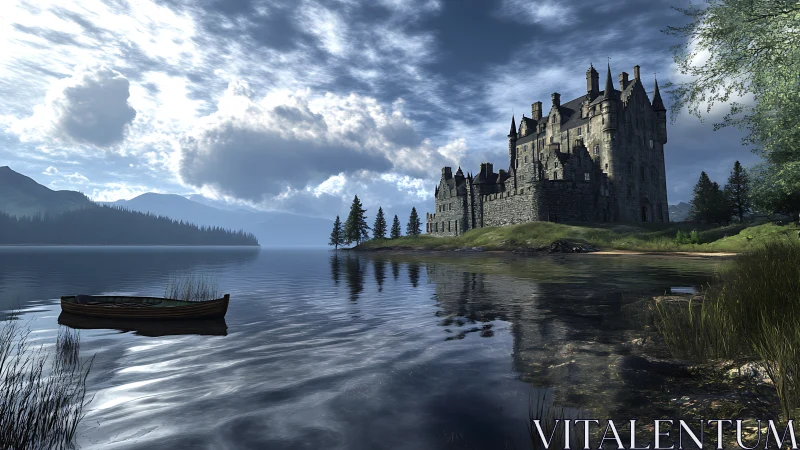 Lakeside stone castle under dramatic clouds with rowboat reflections.