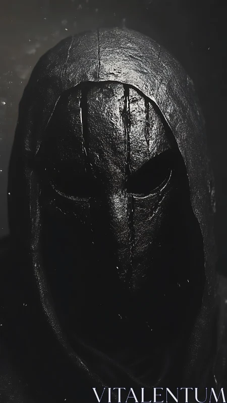 Hooded dark figure with obscured metallic mask in shadow.