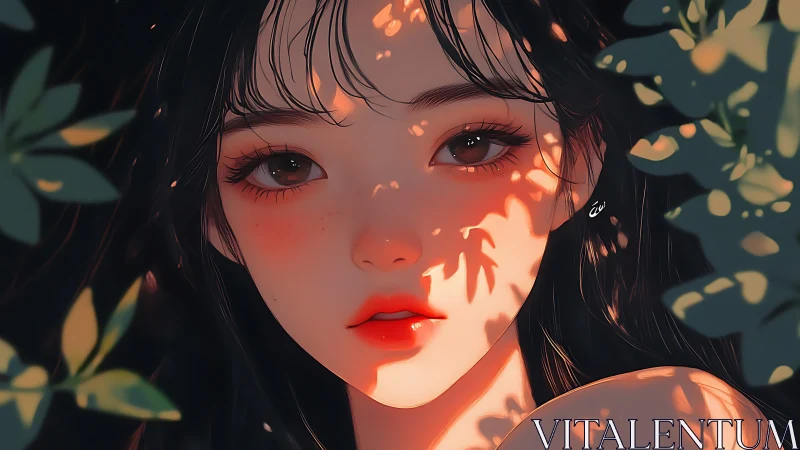 Sun-dappled gaze amid quiet leaves and whispered light.