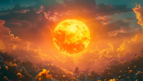 Surreal blazing sun over wildflower valley at dusk.