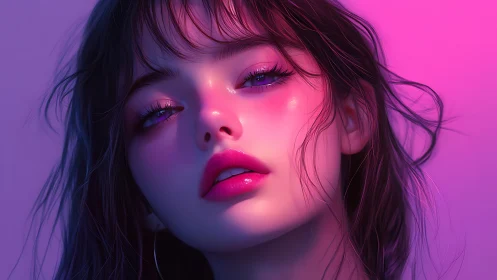 Neon-lit portrait of dreamy girl in glossy pink hues.