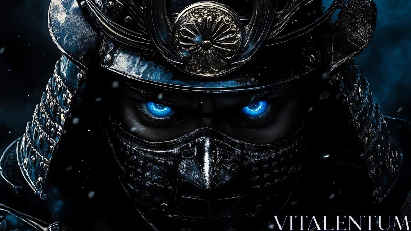 Armored warrior helmet close-up with blue illuminated eyes.