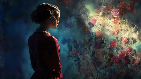 Solitary lady listening to a secret garden of painted roses.