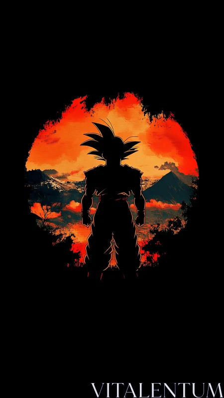 Silhouetted warrior study against fiery painterly sunset dome.