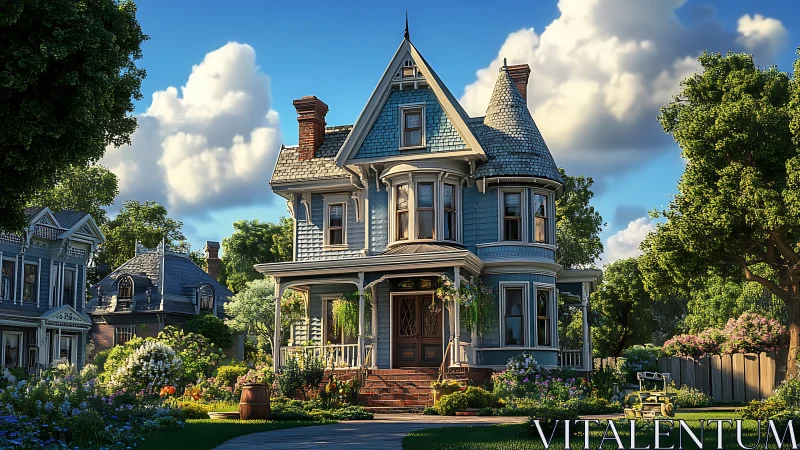 Victorian house rendered with crisp lighting, ornate trim and dense garden landscaping