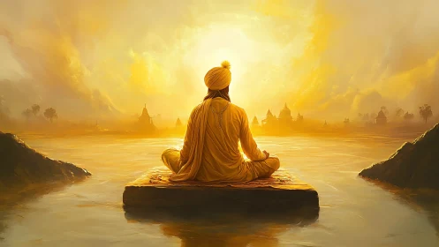 Golden river meditation with robed figure at sunrise.