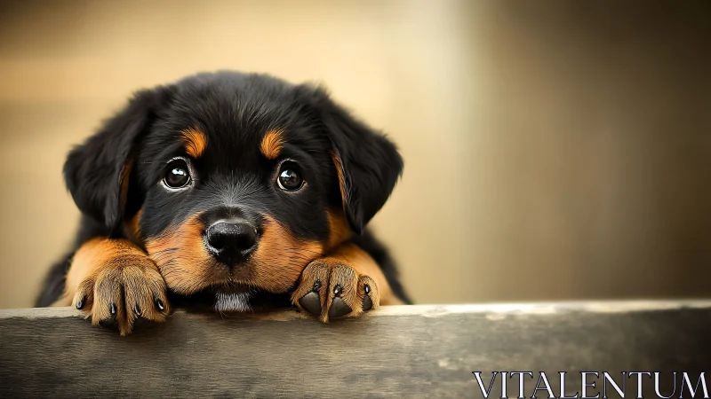 Rottweiler puppy gazes up with soulful, expressive eyes.