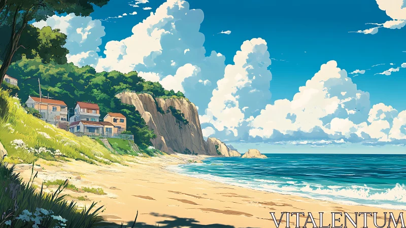 Sunlit cliffside village dreaming over a quiet summer shoreline.