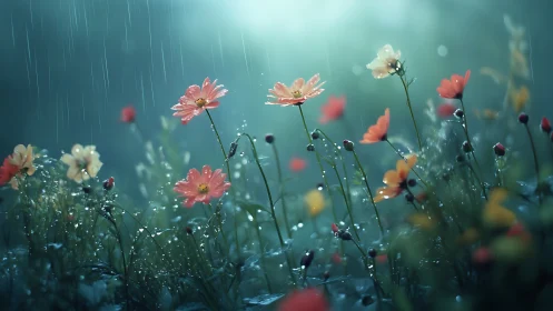 Rainlit wildflowers sway in a dreamy teal twilight meadow.
