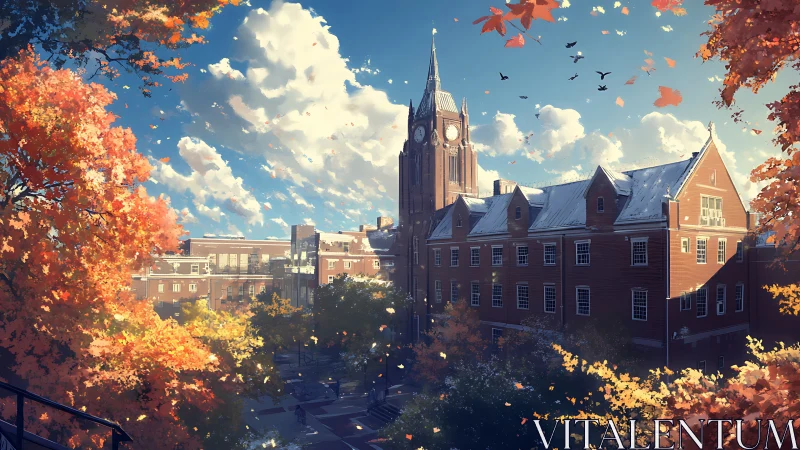 Autumn campus skyline with clocktower under crisp blue sky.