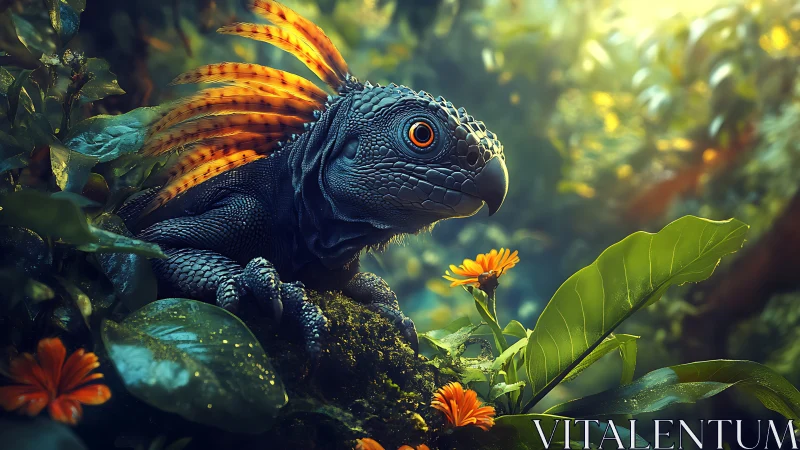 Bioluminescent jungle drake with iridescent plumage resting.