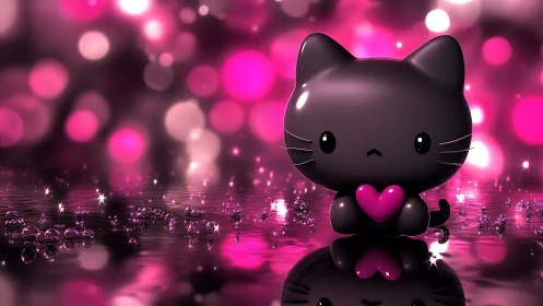 Black Kitten Holding a Pink Heart in Magical Glow.