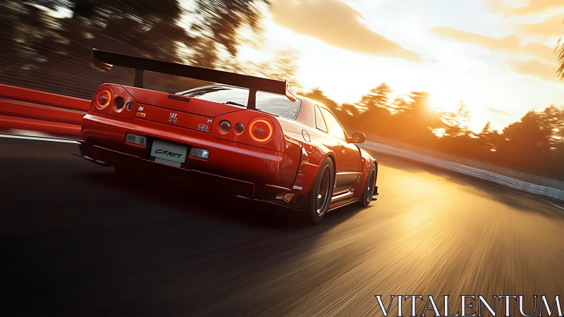 Red sports car races into a blazing golden sunset on track