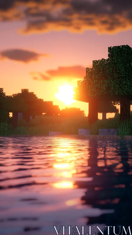 Voxel sunset over reflective lake in warm pastel tones.
