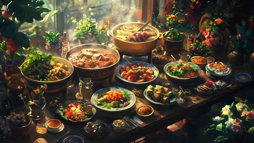 Extensive table layout with assorted dishes and plants.