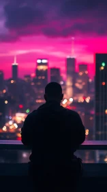Silhouette dreamer gazes over neon dusk city skyline.