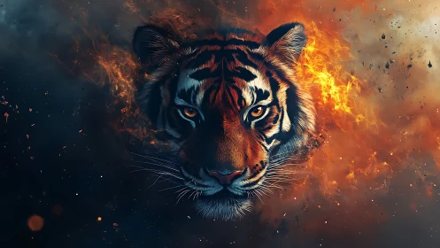 Fierce tiger face emerging from swirling fire and shadow.