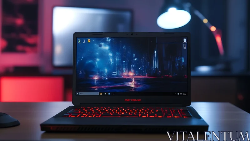 Neon city glows inside a gaming laptop’s crimson keyboard