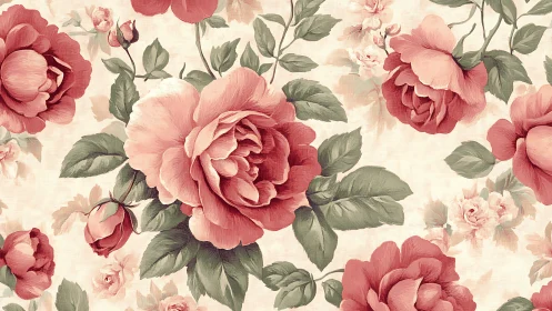Floral Pattern with Pink and Rose Peonies on Cream Ground