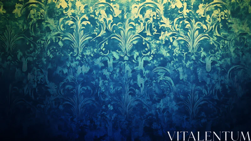 Ornate teal damask gradient with textured floral scrollwork.