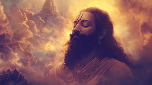Mystic sage in divine clouds with distant temple vision.