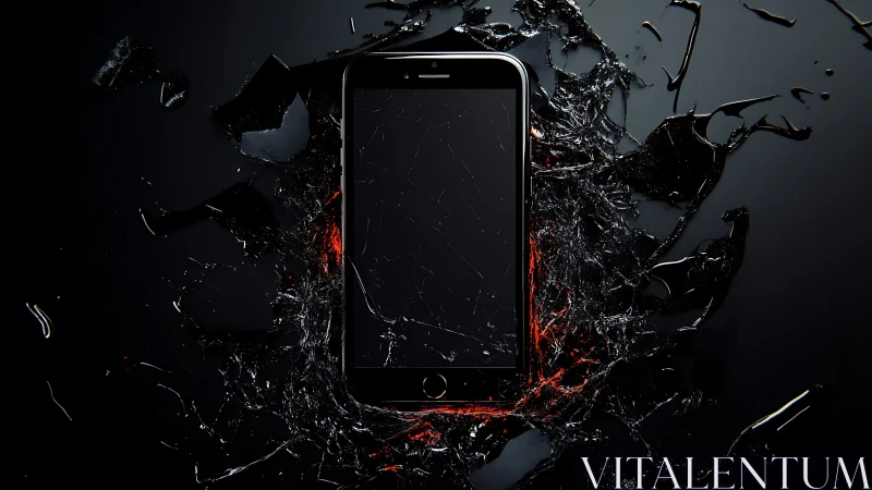 Smartphone with cracked screen amid shattered glass elements.