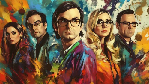 Five serious adults in glasses pose amid vivid paint splashes