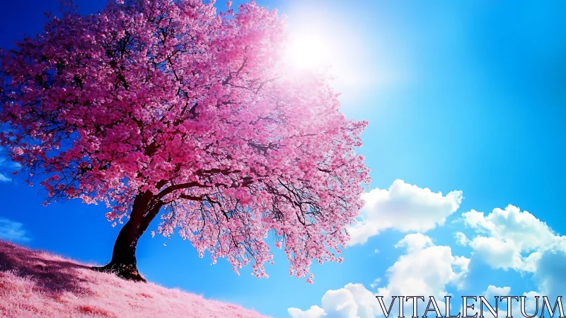Lone pink blossom tree glows under intense midday sun
