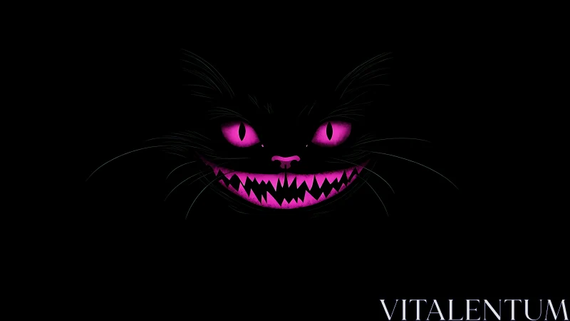 Neon nightmare cat grins from the dark with wicked delight.