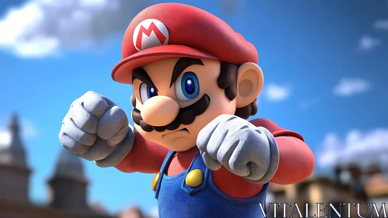 Red-capped cartoon plumber in ready fighting stance outdoors.