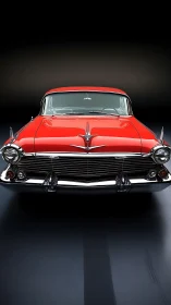 Front-on studio portrait of red 1950s classic coupe with chrome