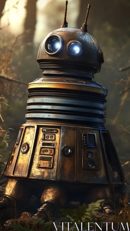 Curious forest robot friend glowing softly in warm light.