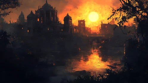 Ruined riverside citadel under intense orange sunset glow.