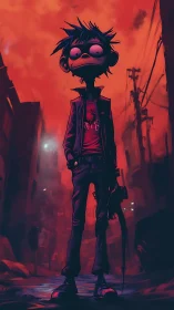 Stylized cartoon figure stands in red backlit alleyway