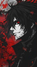 High-contrast anime profile with red eye glow and splatter backdrop