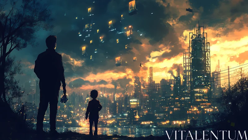 Silhouetted figures watch glowing cyberpunk city at dusk