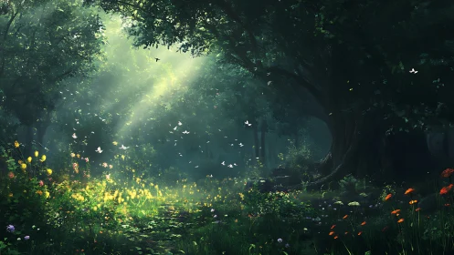Enchanted Forest Clearing with Golden Light and Butterfly Swarm.