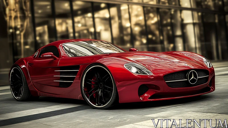 Sleek red Mercedes supercar gleams in a modern cityscape.