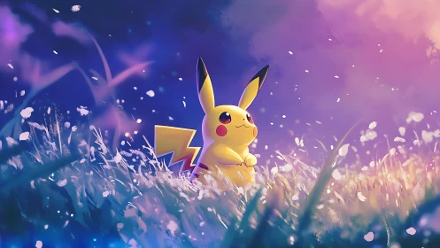 Pikachu in luminous dusk meadow with drifting petals and bokeh