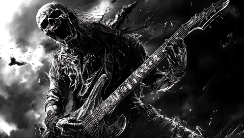 Undead metal guitarist shredding in stormy monochrome chaos.