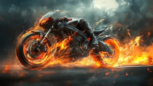 Flaming cybernetic sport bike accelerates through infernal storm