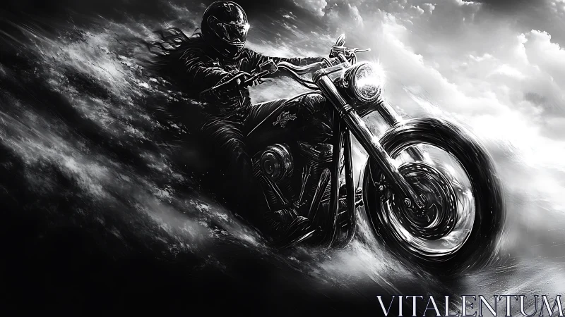 Storm-riding biker carved from chrome, cloud and thunderlight.