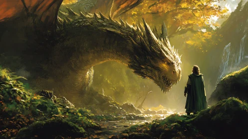 Cloaked wanderer confronts golden dragon in sunlit forest gorge