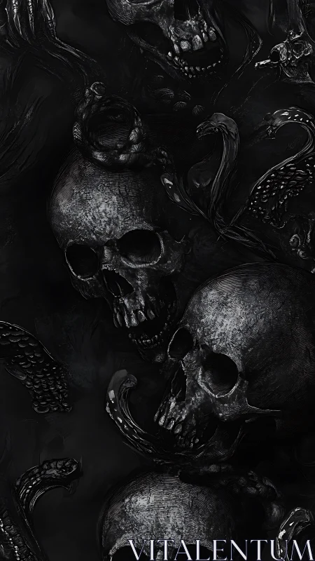 Moody skulls and swirling shadows in dark gothic harmony.