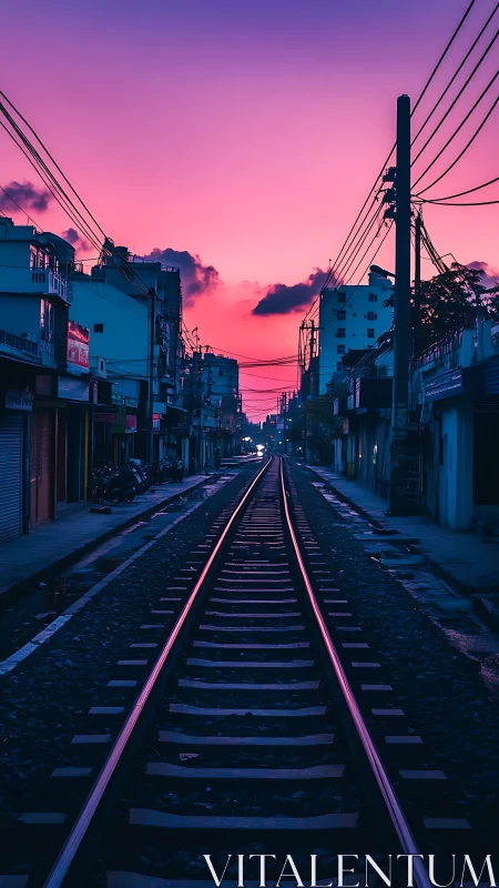 Urban railway perspective under pink and purple dusk sky.